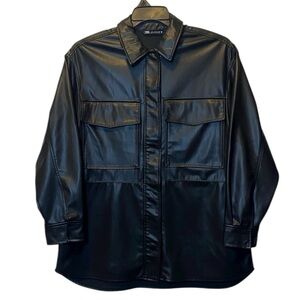 Zara Faux Leather Overshirt Women’s Small Black Oversized Collared Shacket